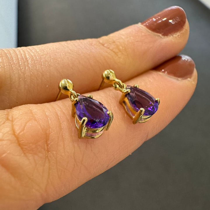 9ct Yellow Gold Amethyst Drop Stud Earrings