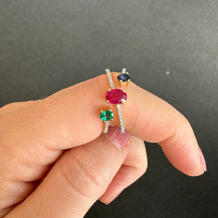 18ct Yellow Gold Ruby, Emerald & Sapphire Diamond Ring