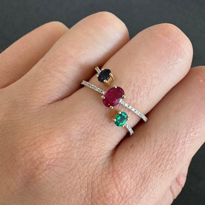 18ct Yellow Gold Ruby, Emerald & Sapphire Diamond Ring