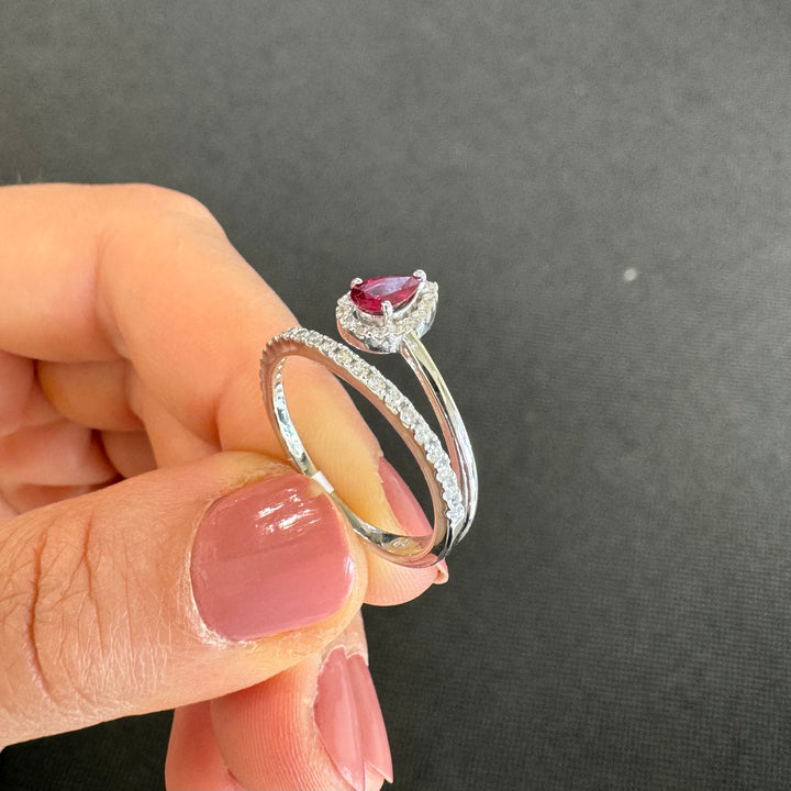 18ct White Gold Pear Shaped Ruby & Diamond Halo Ring