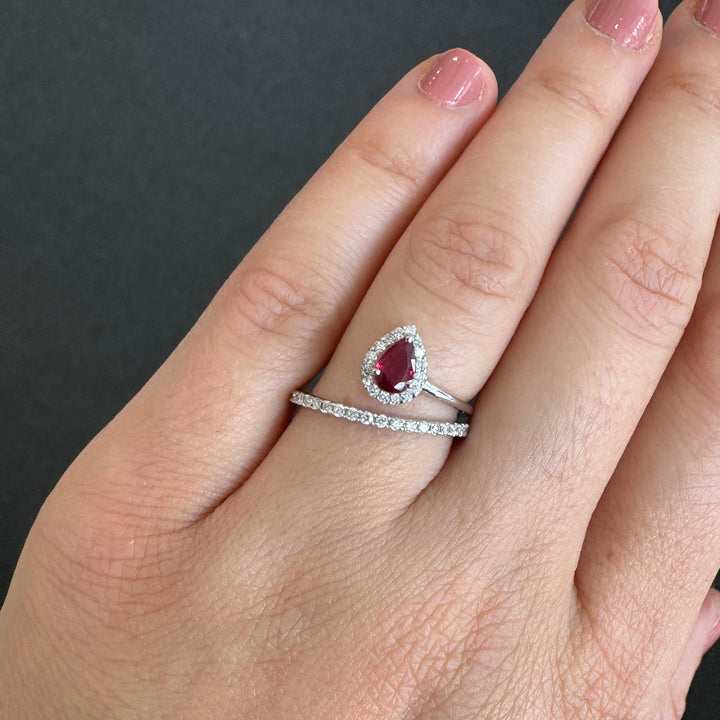 18ct White Gold Pear Shaped Ruby & Diamond Halo Ring