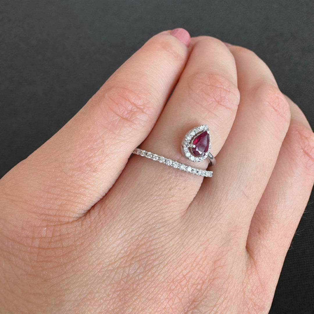18ct White Gold Pear Shaped Ruby & Diamond Halo Ring