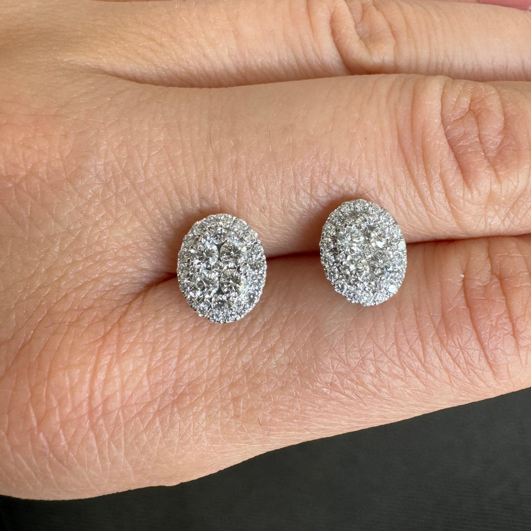 18ct White Gold Cluster Halo Oval Stud Diamond Earrings