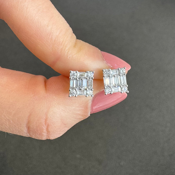 18ct White Gold Square Baguette Diamond Stud Earrings