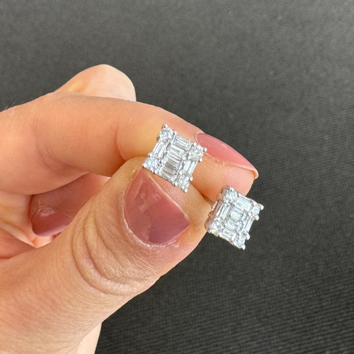 18ct White Gold Square Baguette Diamond Stud Earrings