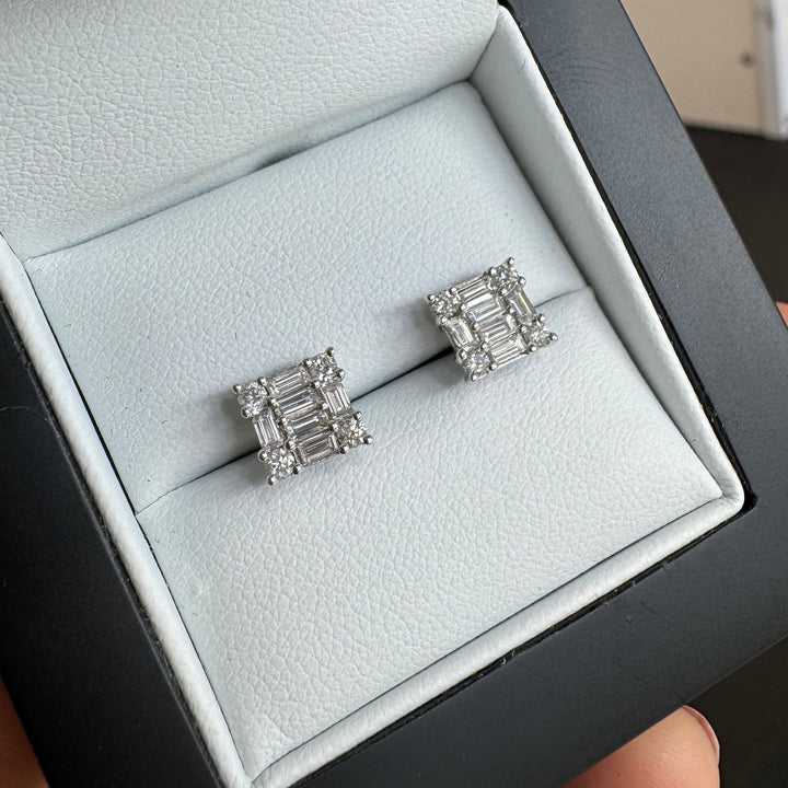18ct White Gold Square Baguette Diamond Stud Earrings