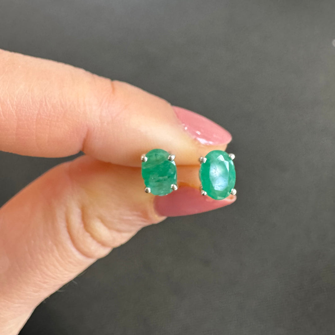 14K White Gold Oval Natural Emerald Stud Earrings