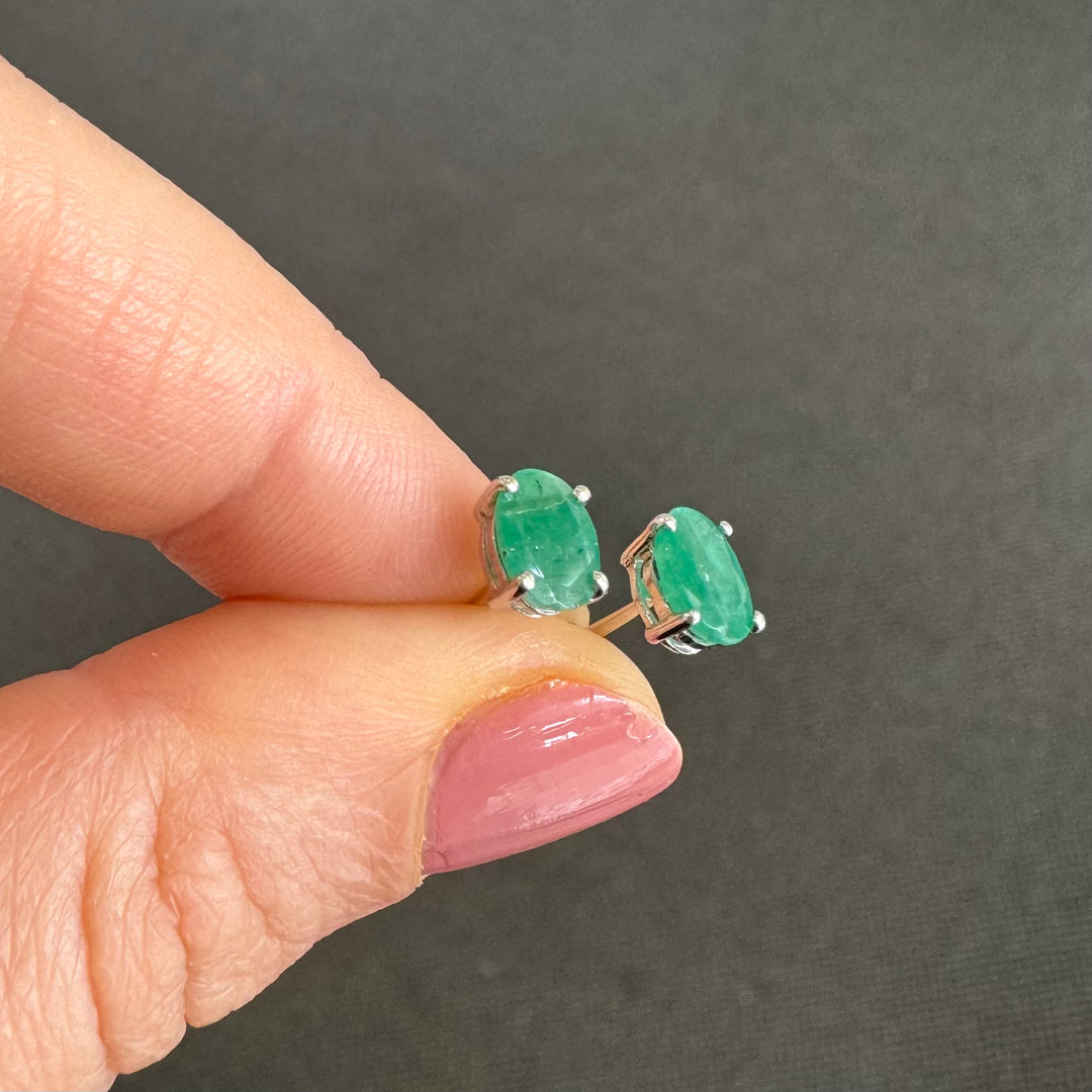 14K White Gold Oval Natural Emerald Stud Earrings