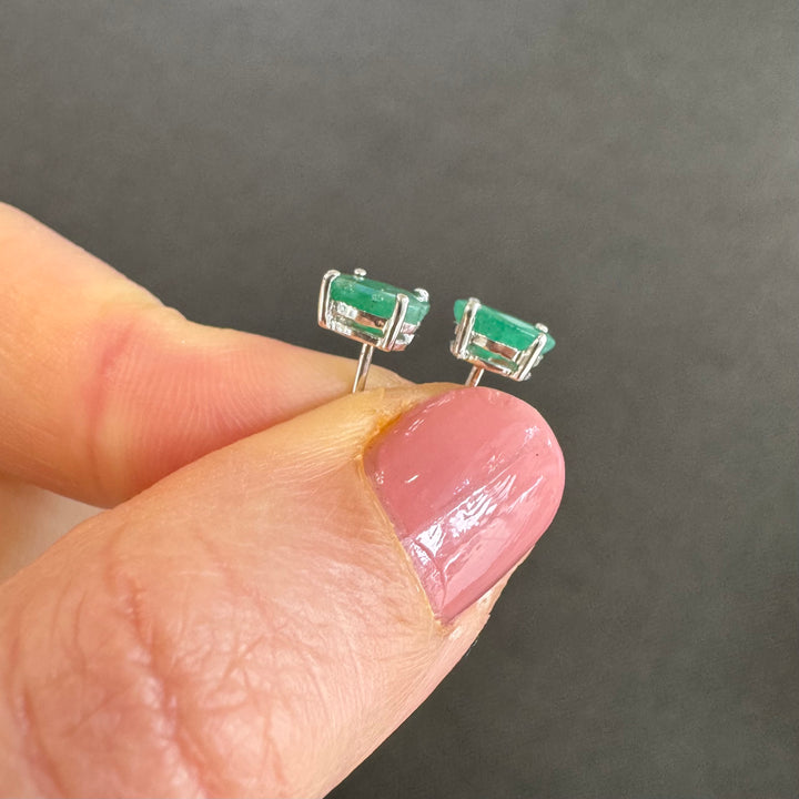 14K White Gold Oval Natural Emerald Stud Earrings