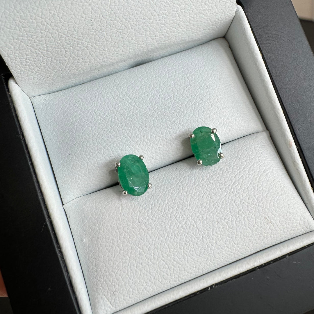 14K White Gold Oval Natural Emerald Stud Earrings