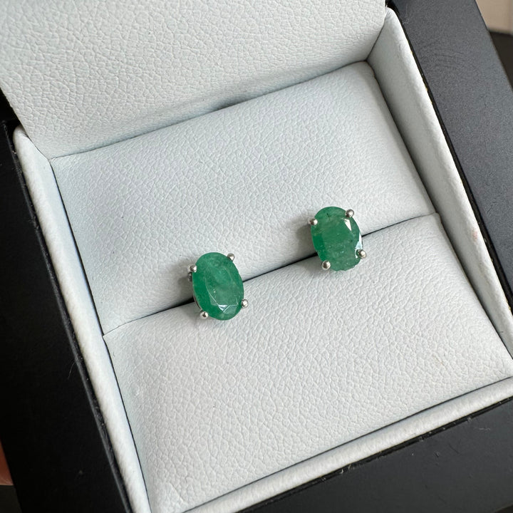 14K White Gold Oval Natural Emerald Stud Earrings