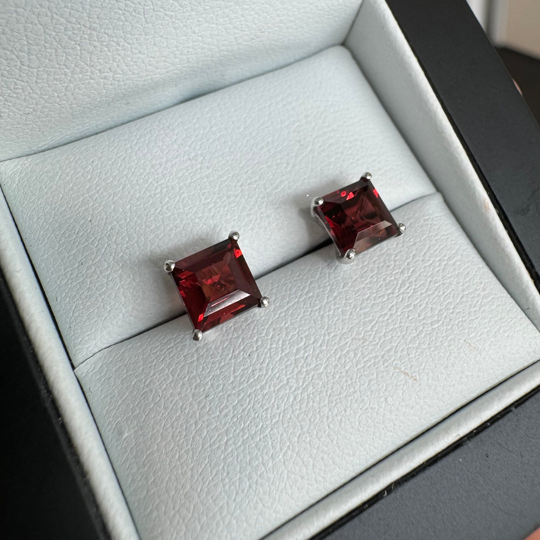 9ct White Gold Princess Cut Garnet Stud Earrings