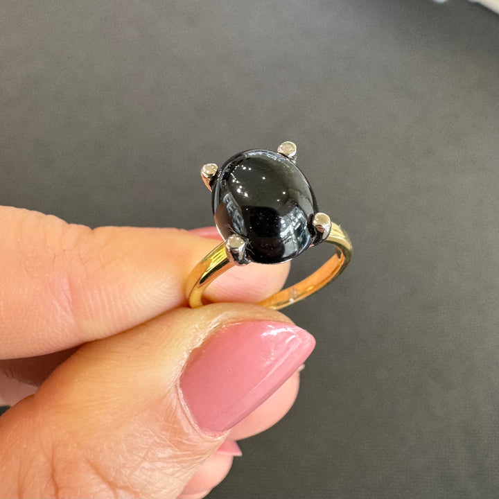 18ct Yellow & White Gold Black Onyx Cabochon Ring