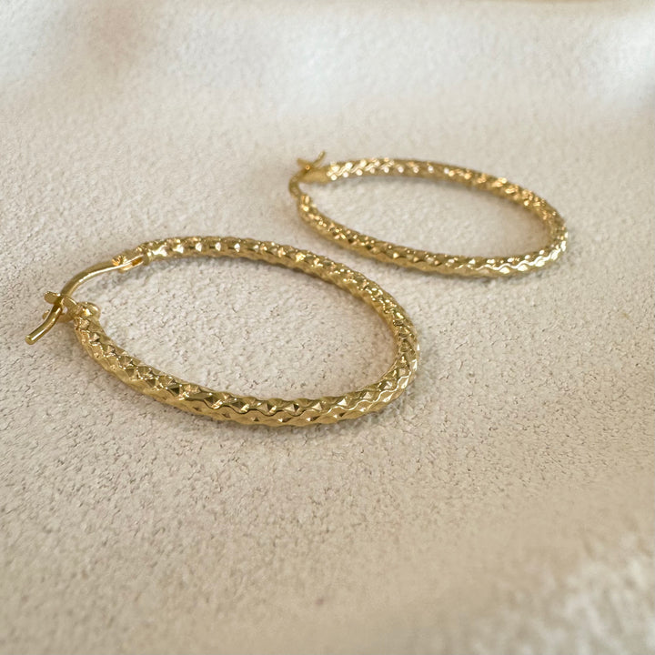 9ct Yellow Gold Infused Patterned Oval Hoop Earrings