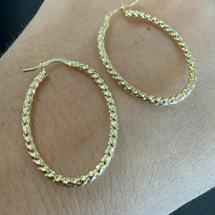 9ct Yellow Gold Infused Patterned Oval Hoop Earrings