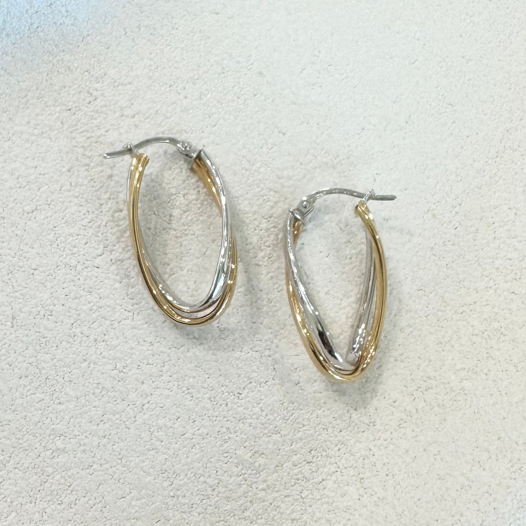 9ct Yellow & White Gold Twisted Oval Hoop Earrings