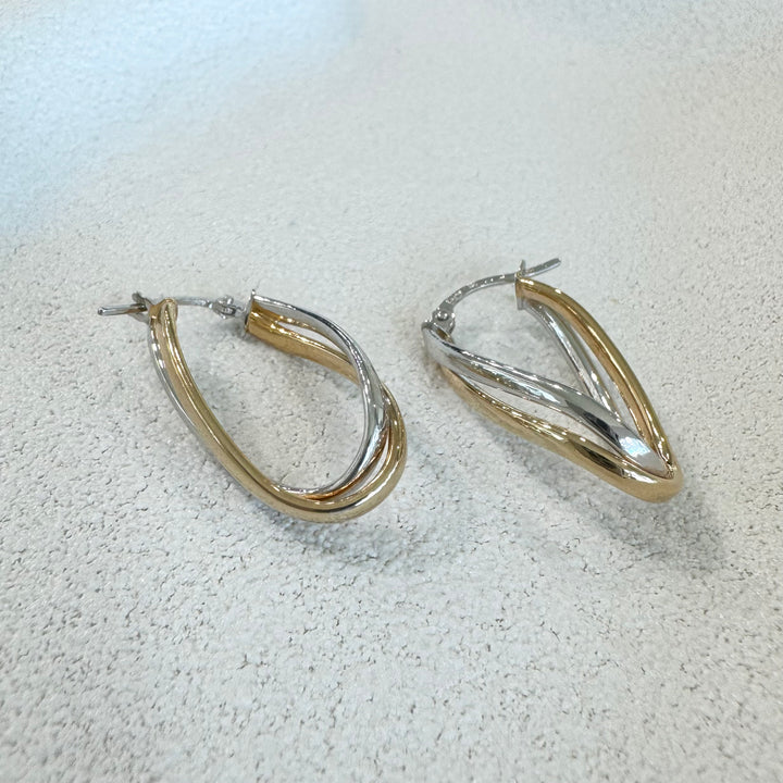 9ct Yellow & White Gold Twisted Oval Hoop Earrings