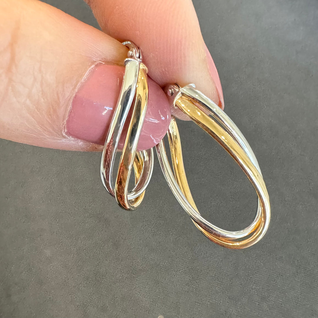 9ct Yellow & White Gold Twisted Oval Hoop Earrings