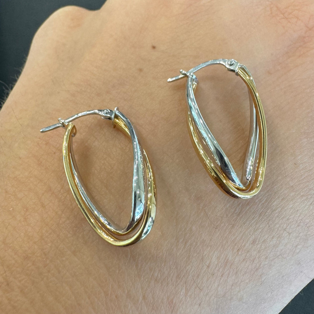 9ct Yellow & White Gold Twisted Oval Hoop Earrings