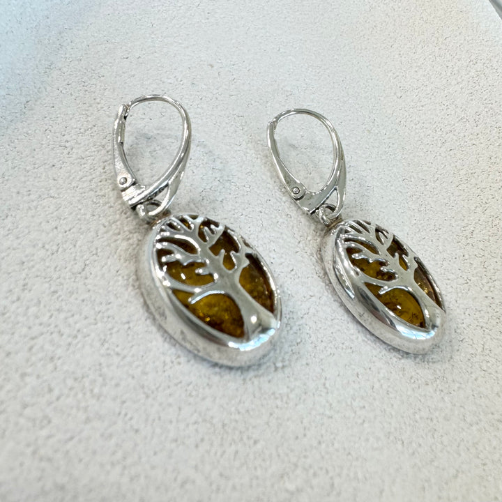 Baltic Amber Tree Of Life Drop Earrings