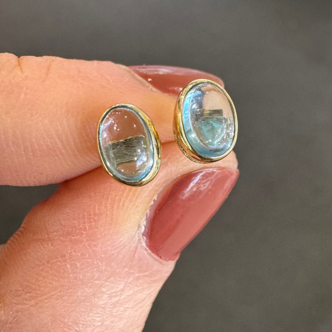 10K Yellow Gold Cabochon Blue Topaz Stud Earrings