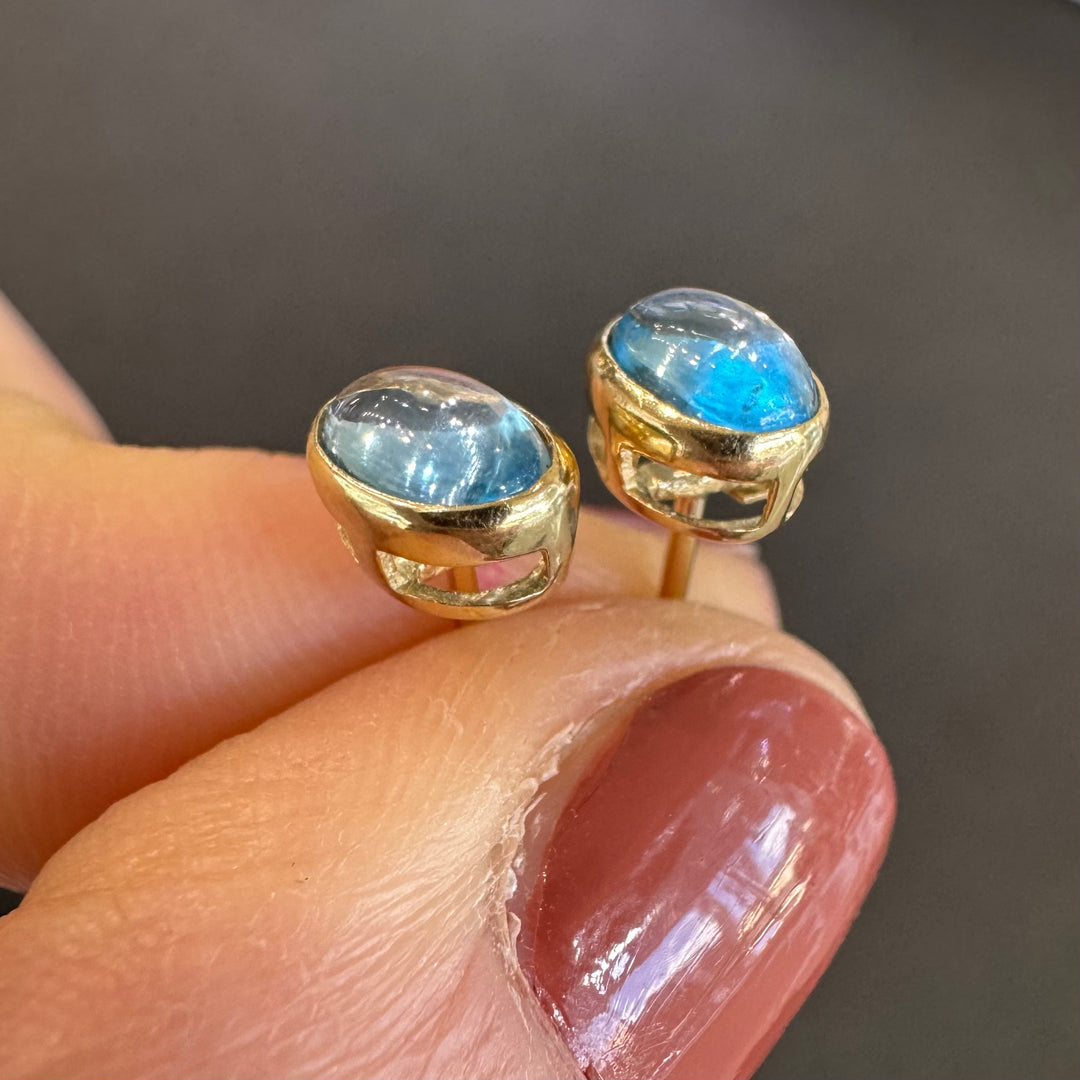 10K Yellow Gold Cabochon Blue Topaz Stud Earrings