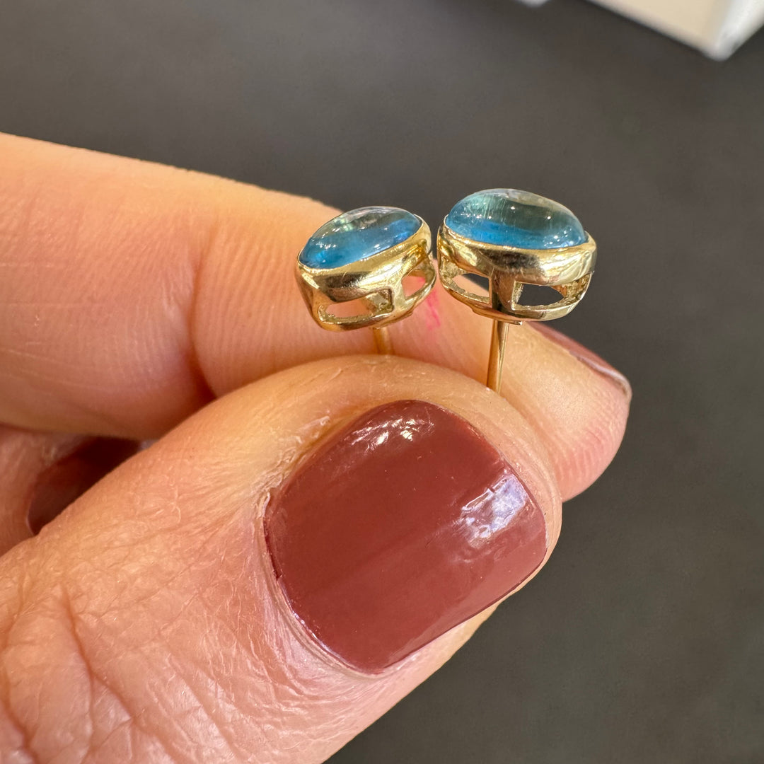 10K Yellow Gold Cabochon Blue Topaz Stud Earrings