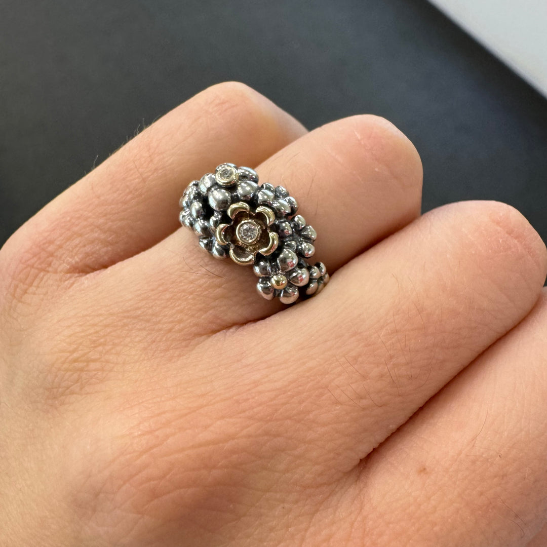 Pandora Diamond Flower Ring Silver and Gold