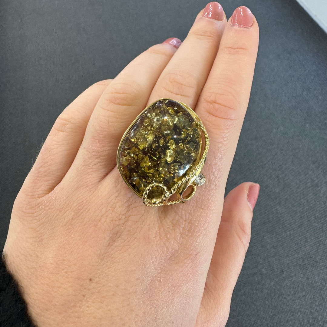 Gold Plated Baltic Amber Large Adjustable Ring