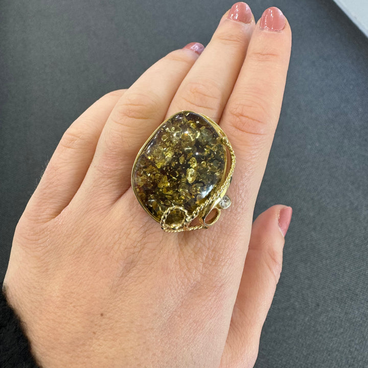 Gold Plated Baltic Amber Large Adjustable Ring