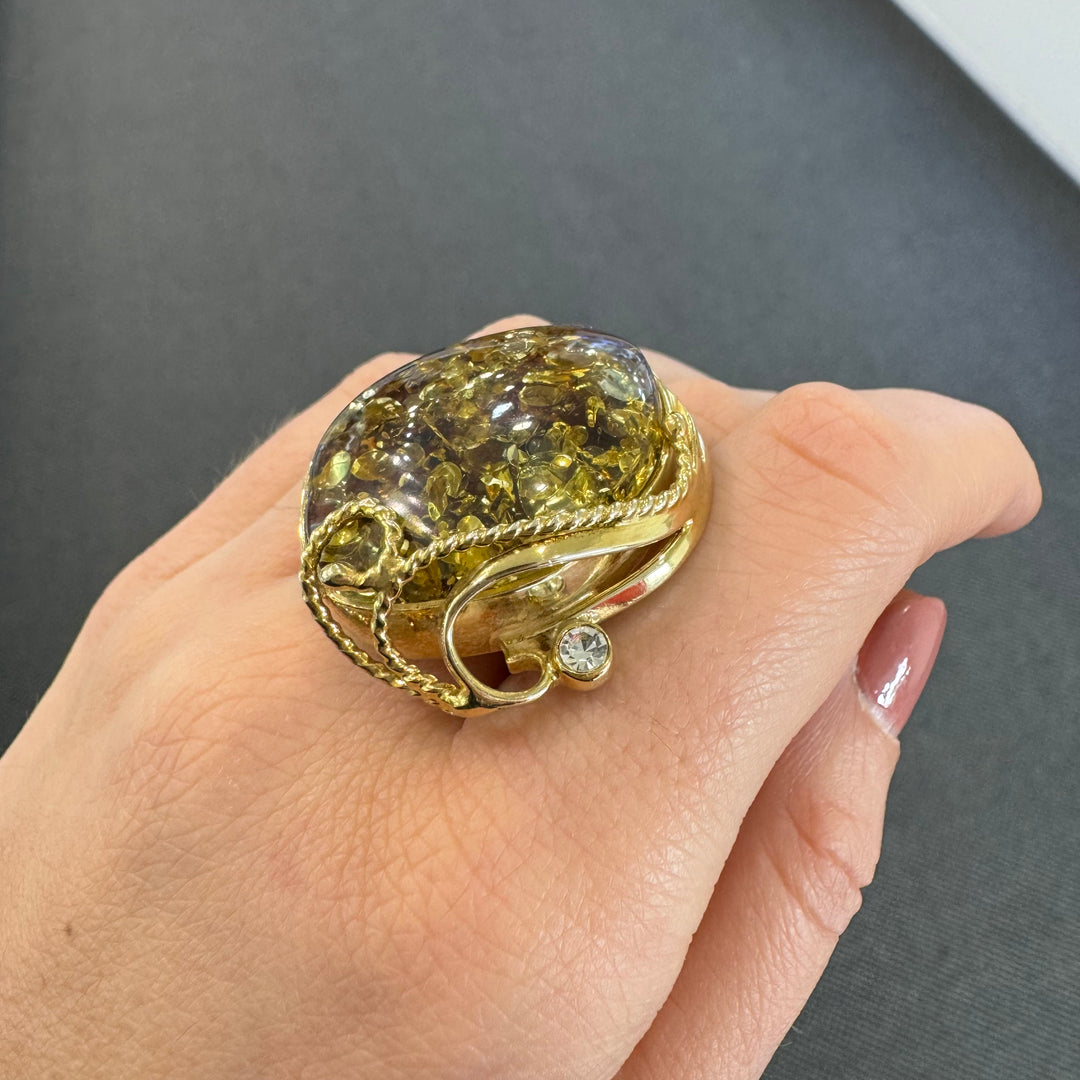 Gold Plated Baltic Amber Large Adjustable Ring