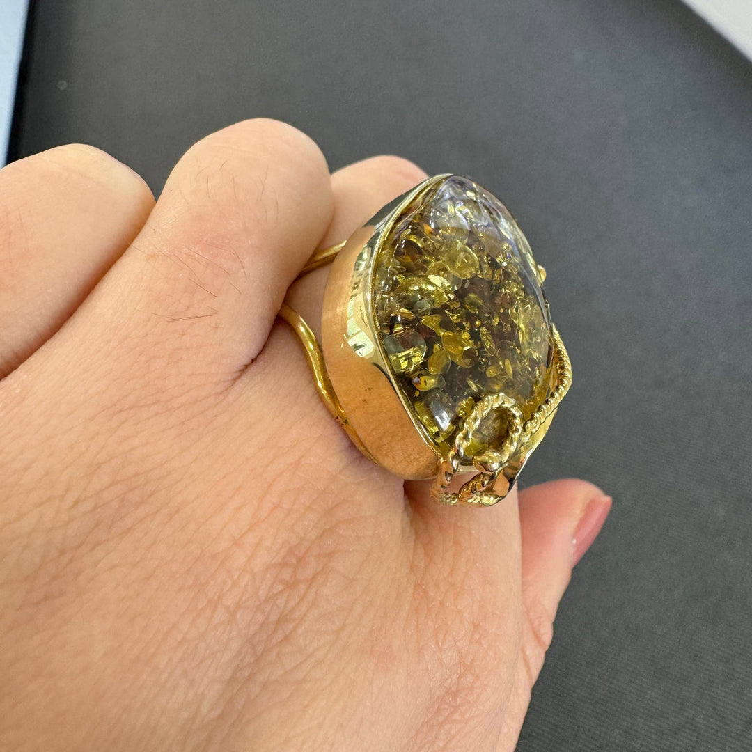 Gold Plated Baltic Amber Large Adjustable Ring