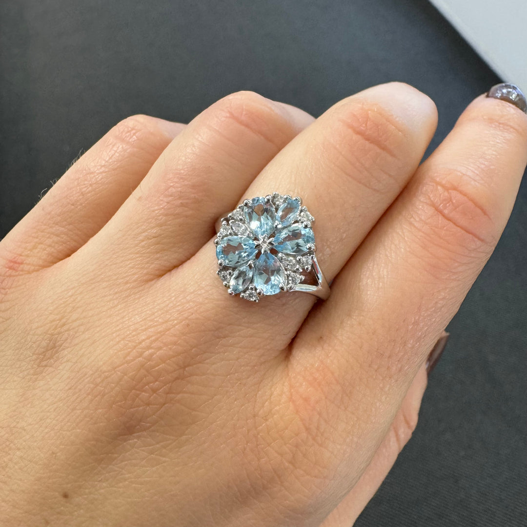 Sterling Silver Fancy Cluster Blue Topaz Ring