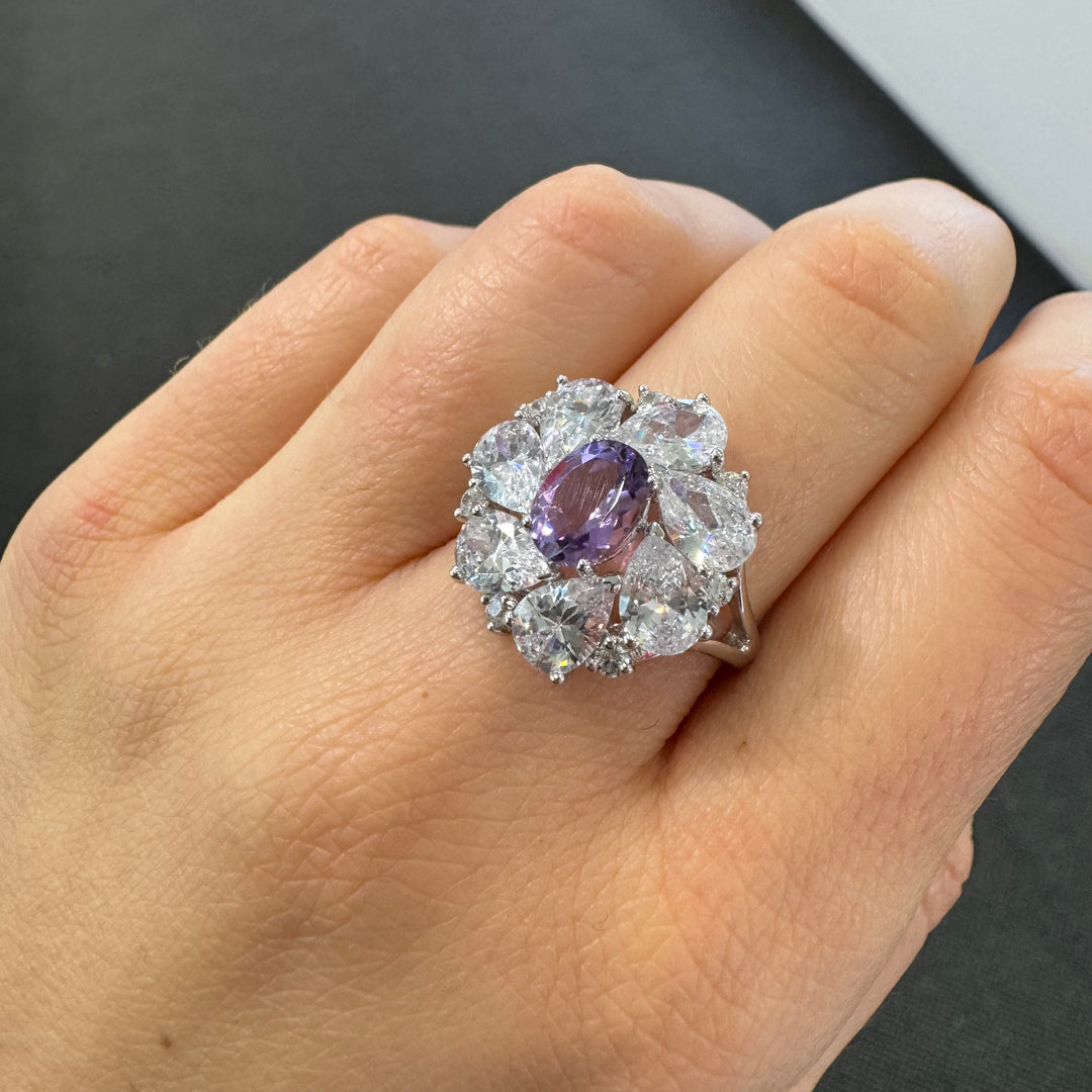 Sterling Silver Fancy Cluster Amethyst Ring