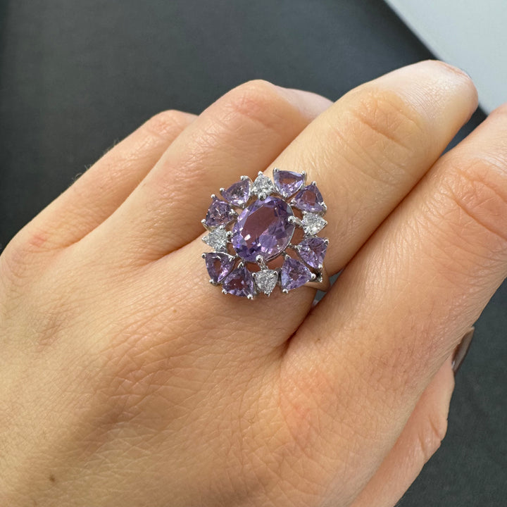 Sterling Silver Fancy Cluster Amethyst Ring