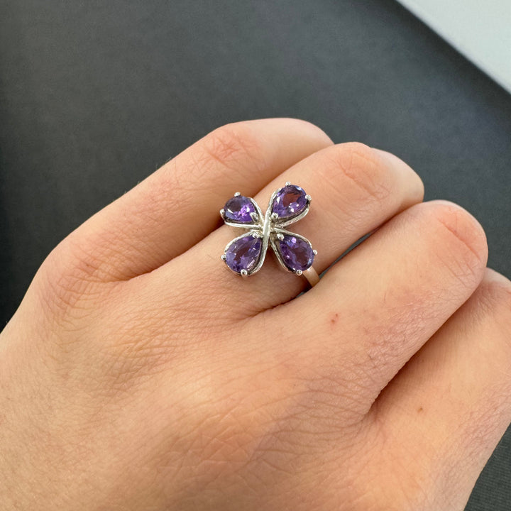 Sterling Silver Four Leaf Clover Amethyst Ring