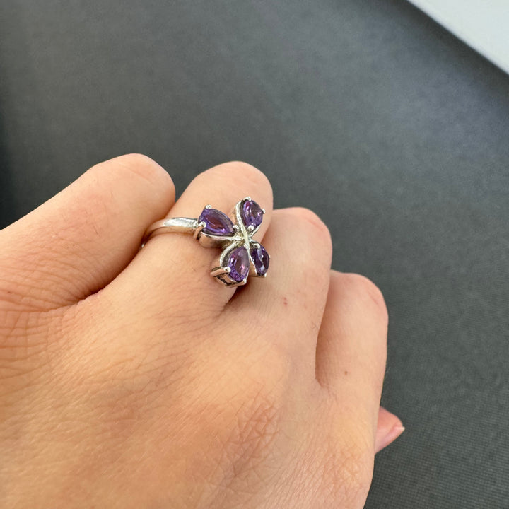Sterling Silver Four Leaf Clover Amethyst Ring