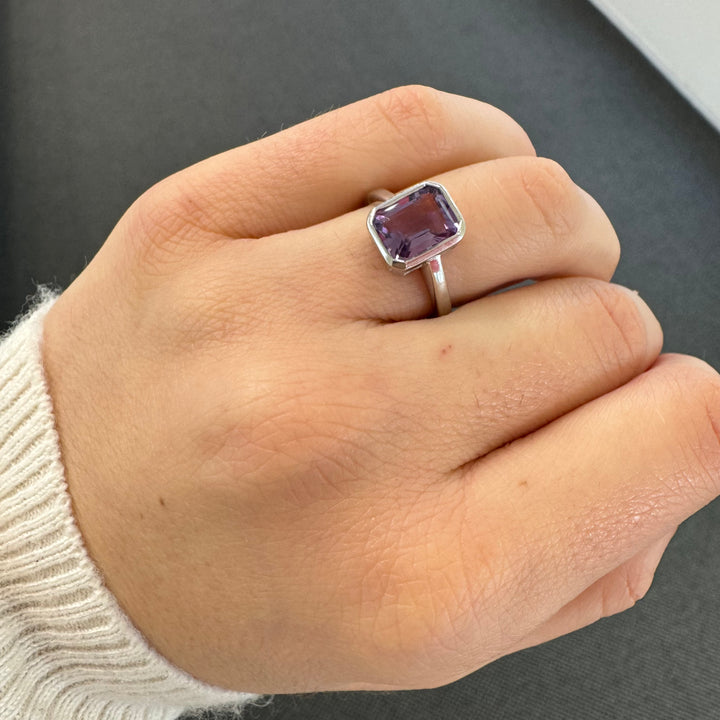 Sterling Silver Emerald Cut Amethyst Ring