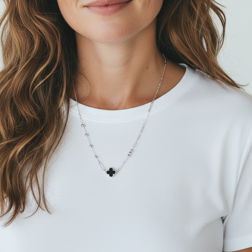 Sterling Silver Mismatched Black Clover Necklace