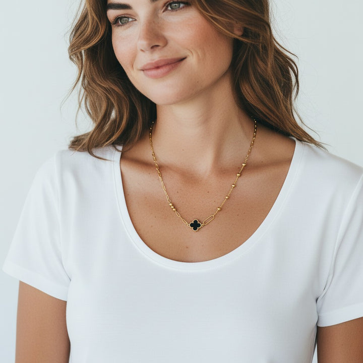 Gold Plated Mismatched Black Clover Necklace