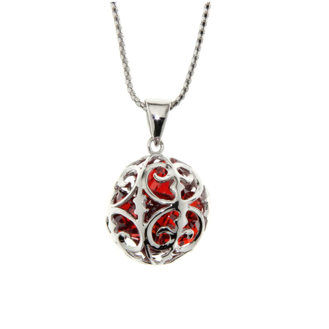 Ellani Silver Filigree Ball With Floating Red Stones Necklace
