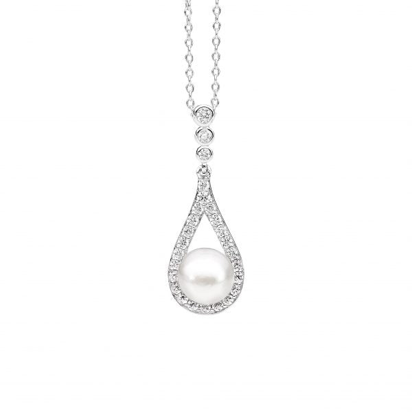 Ellani Silver CZ Freshwater Pearl Necklace