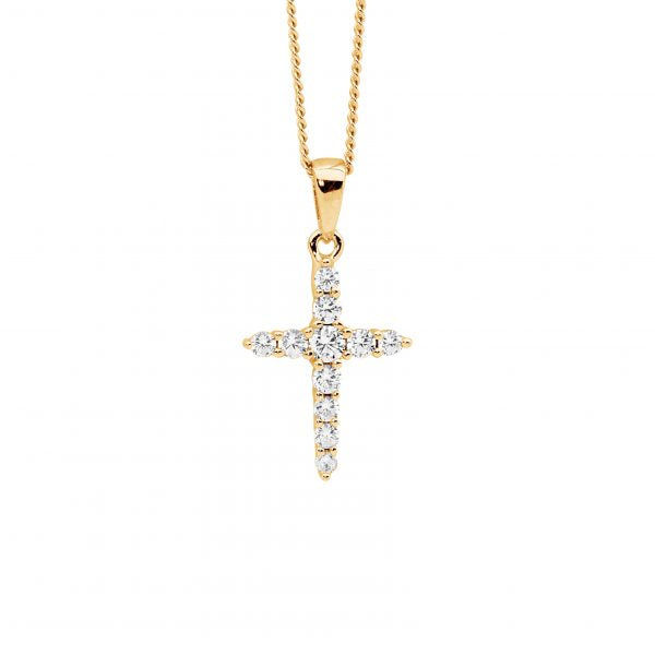 Ellani Gold CZ Cross Pendant Necklace