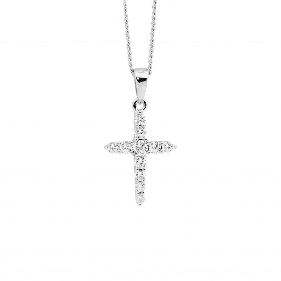 Ellani Sterling Silver CZ Cross Pendant Necklace