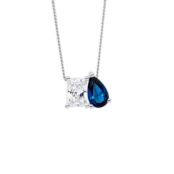 Ellani Silver Emerald & Pear-Shaped Blue CZ Necklace