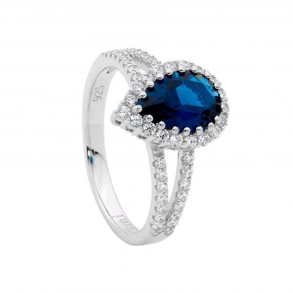 Ellani Silver London Blue Pear Shaped Split Band Ring