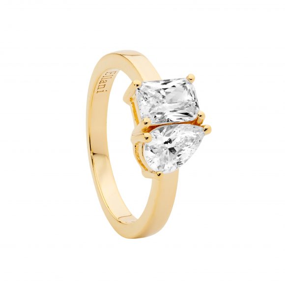 Ellani Yellow Gold Emerald & Pear Cut CZ Ring