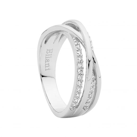 Ellani Sterling Silver CZ Cross-over Band Ring