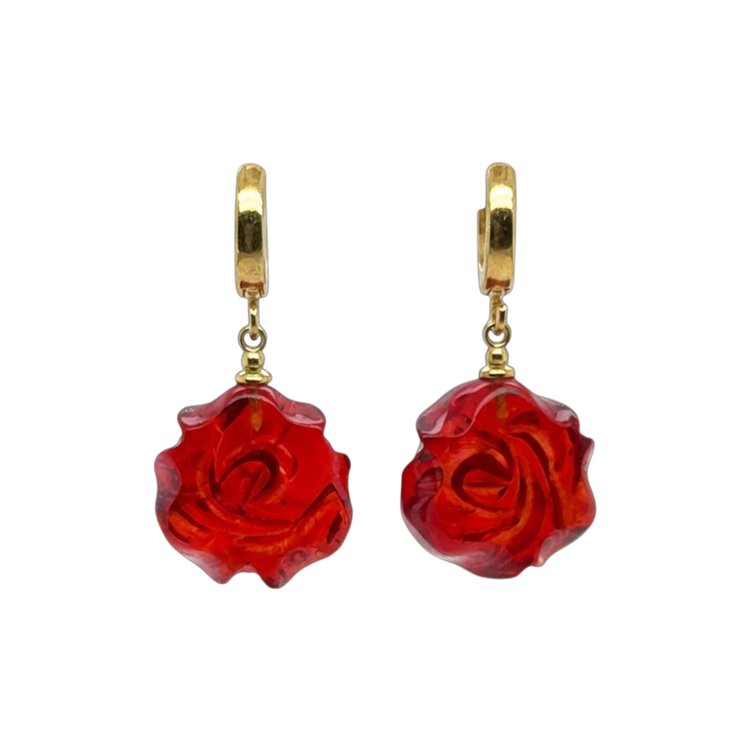Gold Plated Red Rose Amber Drop Earrings