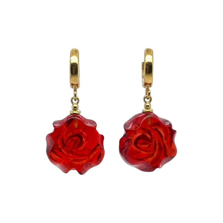 Gold Plated Red Rose Amber Drop Earrings